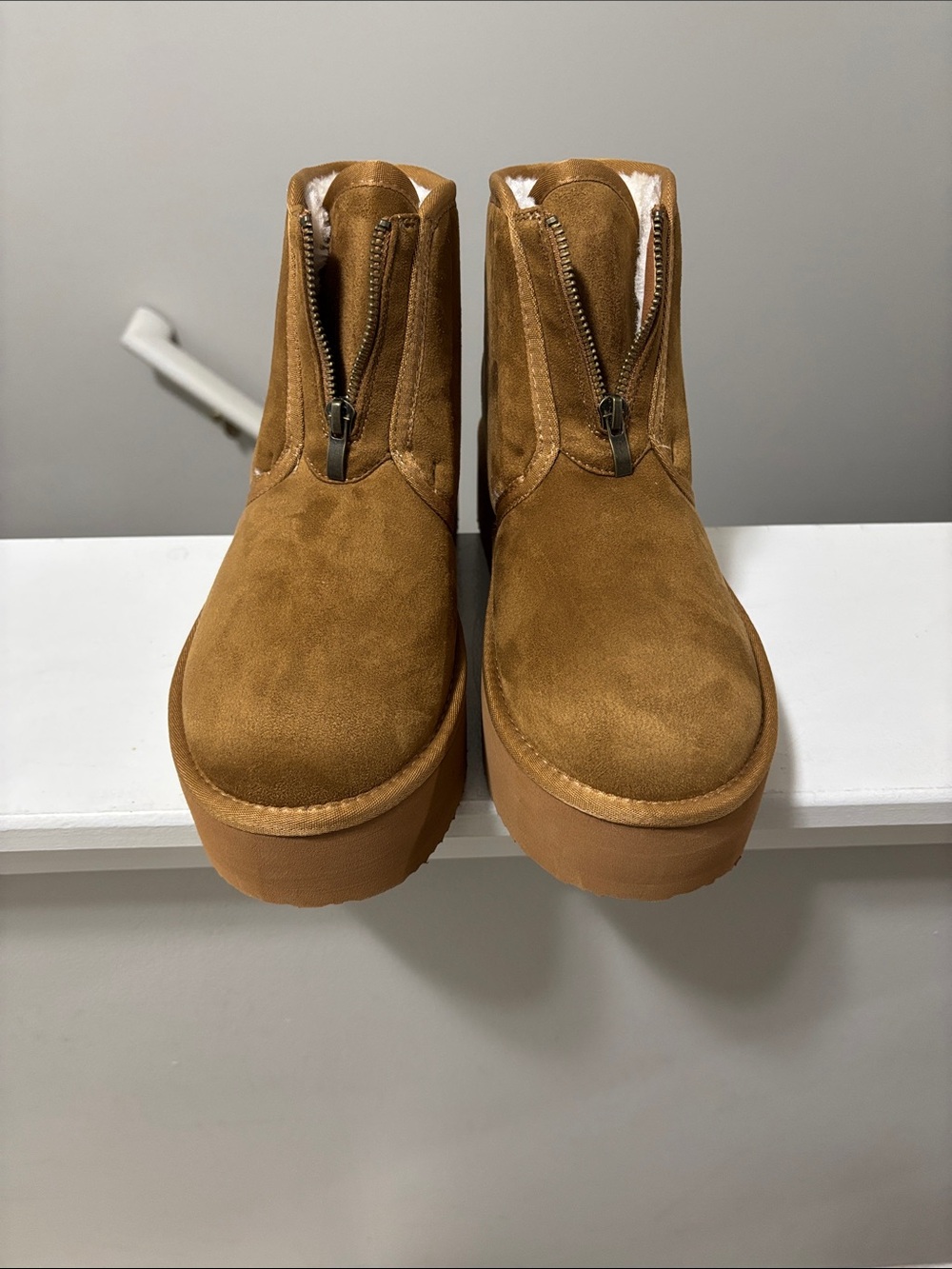 Front-Zip Platform Suede Ankle Boots - Camel